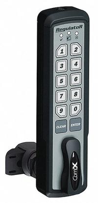 COMPX REGULATOR Electronic Keyless Lock: Deadlatch, 1 1/2 in Body Ht, 5 7/16 in Body Wd, 12 Buttons (MPN REG-S-V-3-BLK). Key specifications — Latch Type: Deadlatch; Brand: COMPX REGULATOR; Manufacturer Part Number: REG-S-V-3-BLK.