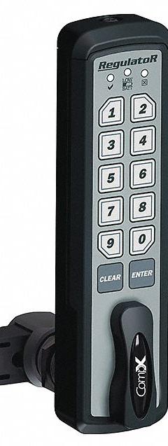 COMPX REGULATOR Electronic Keyless Lock: Deadlatch, 1 1/2 in Body Ht, 5 7/16 in Body Wd, 12 Buttons (MPN REG-S-V-3-BLK). Key specifications — Latch Type: Deadlatch; Brand: COMPX REGULATOR; Manufacturer Part Number: REG-S-V-3-BLK.