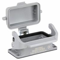 HARTING Rectangular Connector Housing: Size 10 B, Bulkhead Mount, Gray, Aluminum Die-Cast, IP65 (MPN 09300100303). Key specifications — IP Rating: IP65; Size Designation: 10 B; Seal Material: NBR; Locking Type: Single Lever; Brand: HARTING; Primary Material: Aluminum; Operating Temperature Range: -40 to 125 Degrees C.