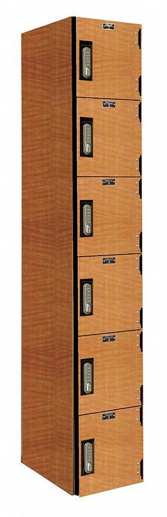 HALLOWELL Box Locker: 12 in x 18 in x 72 in, 6 Tiers, 1 Units Wide, Solid, Electronic Keypad, Wood (MPN PHL1282-6A-E-FA). Key specifications — Locker Color: Light Wood; Door Type: Solid; Includes Number Plates: Yes; Brand: HALLOWELL; Assembled: Assembled; Color Family: Wood.