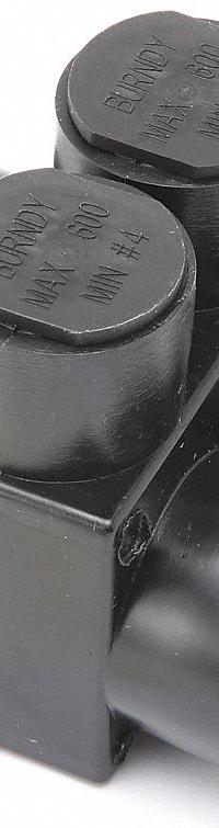 BURNDY Multitap Connector: 2 Port, Double-Sided Entry, 4 AWG – 600 kcmil Wire Size, Black (MPN 1PLD6002). Key specifications — Body Material: Aluminum; Brand: BURNDY.