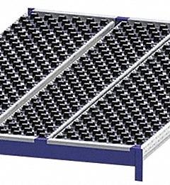 UNEX ROLLER RACK Gravity Flow Shelf: Tilt, 48 in x 72 in x 2 5/8 in, 3,000 lb Shelf Capacity, Steel (MPN RR99S2W4X6-L). Key specifications — Shelf Angle: Tilt; Finish: Powder Coated; Material: Steel; Brand: UNEX ROLLER RACK.