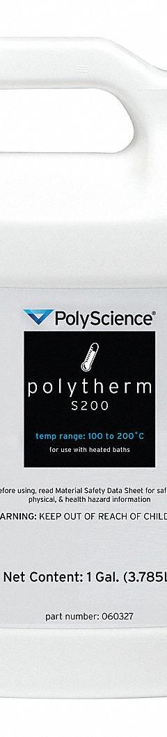POLYSCIENCE Silicone Heat Transfer Fluid: 100° to 200°C, Heating Fluid, 3.8 L Capacity (MPN 060327). Key specifications — Brand: POLYSCIENCE; Product Type: Heating Fluid; Temperature Range: 100° to 200°C.