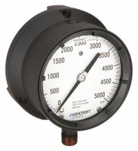 ASHCROFT Process Pressure Gauge: 0 psi to 5,000 psi, White, 4 1/2 in Dial, 1/2 in NPT Male, Bottom (MPN 451379SSL04L5000#). Key specifications — Brand: ASHCROFT; Pointer Color: Black; Accuracy: ±0.5%; Dial Color: White; Gauge Wetted Parts: Stainless Steel; Case Material: Epoxy-Coated Aluminum; Vibration Resistance Properties: Liquid-Filled; Pressure Range: 0 psi to 5,000 psi.