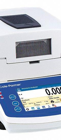 COLE-PARMER Moisture Balance: 50 g Max Capacity, 160°C to 160°C, Infrared, Ethernet/RS-232/USB/WiFi (MPN 1010043). Key specifications — Display Type: Touchscreen; Brand: COLE-PARMER; Interface: Ethernet; Moisture Measurement Repeatability: +/- 0.01 % to +/- 0.05 %; Readability: 0.001 g.