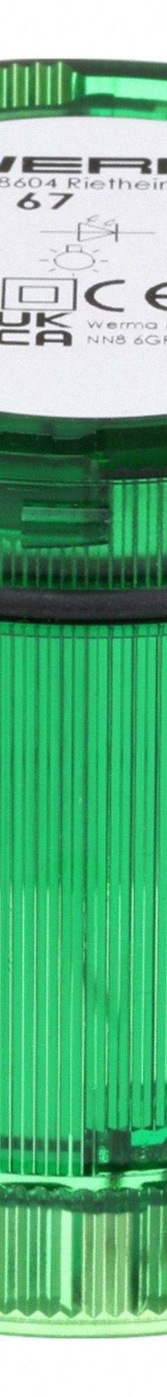WERMA Tower Light Module: Steady, 115V AC, Green, 70 mm Overall Dia, 66 mm Overall Ht, KombiSIGN 71 (MPN 64420067). Key specifications — Brand: WERMA; Compatible with Series: KombiSIGN 71; Lens Color: Green; Operating Voltage: 115V AC; Manufacturer Part Number: 64420067.