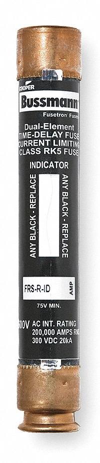 BUSSMANN Fuse: Class RK5, FRS-R-ID Series, Time-Delay, 15 A, 600 V AC, 300 V DC, Indicating (MPN FRS-R-15ID). Key specifications — Series: FRS-R-ID.
