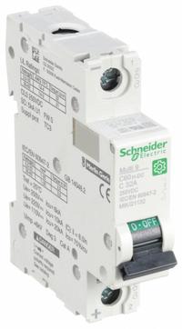 SCHNEIDER IEC Supplementary Protector: 32 A Amps, 250V DC, 5kA at 250V DC, Screw Clamp, C60H-DC, C (MPN M9U21132). Key specifications — Brand: SCHNEIDER; Terminal Connection: Screw Clamp; DC Voltage Rating: 250V DC; Max. AIR Rating: 5kA at 250V DC; Series: C60H-DC; AC Voltage Rating: Not Rated; Curve Type: C.