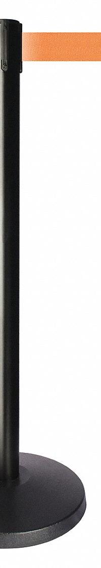 QUEUEWAY Barrier Post with Belt: Orange, No Pattern, No Legend, 10 ft Belt Lg, Black, 10 ft x 2 in (MPN QPLUS-33-O5). Key specifications — Base Material: ABS; Belt Color: Orange; Brand: QUEUEWAY; Post Material: Metal Alloy; Post Color: Black; Message: No Legend.
