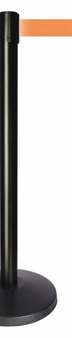 QUEUEWAY Barrier Post with Belt: Orange, No Pattern, No Legend, 10 ft Belt Lg, Black, 10 ft x 2 in (MPN QPLUS-33-O5). Key specifications — Base Material: ABS; Belt Color: Orange; Brand: QUEUEWAY; Post Material: Metal Alloy; Post Color: Black; Message: No Legend.