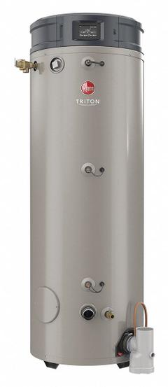 RHEEM Commercial Gas Water Heater: Natural Gas, Low NOx, 100 gal, 399,900 BTU, 77.5 in Ht (MPN GHE100SU-400A). Key specifications — Display Sell UOM: EA; Market: Commercial; Standards: ASME; Sub-brand: Triton; Brand: RHEEM; Low NOx: Yes; Water Connection Location: Side; Fuel Type: Natural Gas.