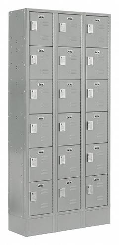 LOCKUP Box Locker: 36 in x 18 in x 82 in, 6 Tiers, 3 Units Wide, Louvered, Electronic Keypad, Gray (MPN LUPE-3W6T-LV1S-02-31-A). Key specifications — Locker Color: Gray; Door Type: Louvered; Brand: LOCKUP; Assembled: Assembled; Color Family: Gray.