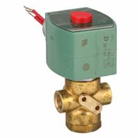 REDHAT Solenoid Valve: 3-Way, Normally Closed, 1/4 in Pipe Size, 24V DC, Direct Mount, Brass Body (MPN 8320G18424/DCDD). Key specifications — Pipe Size: 1/4 in; Voltage: 24V DC; Brand: REDHAT; Coil Enclosure: Watertight.