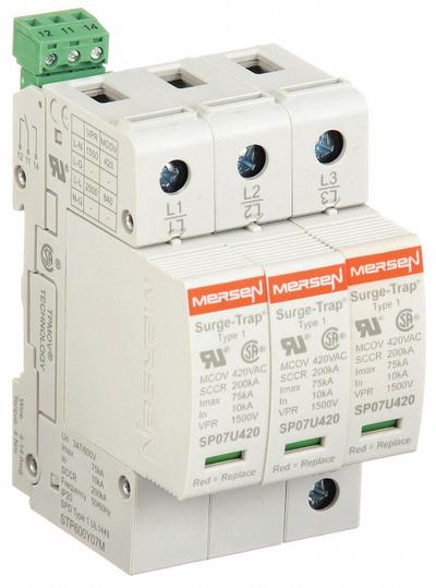 MERSEN Surge Protection Device: Three Phase, 347/600V AC Wye, 3 Poles, 4 Wires - DIN Rail Internal-Mount SPDs