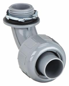 Liquid-Tight Conduit Fitting: 3/8 in Trade Size, 90°, Insulated, Black (MPN P0389NGY). Key specifications — Color: Gray; Connection Orientation: 90°; Trade Size: 3/8 in; Box Connection: 1/2 in MNPT; Insulated: Yes; Overall Length: 2-29/32 in; Material: Nylon; Indoor/Outdoor Usage: Indoor/Outdoor.