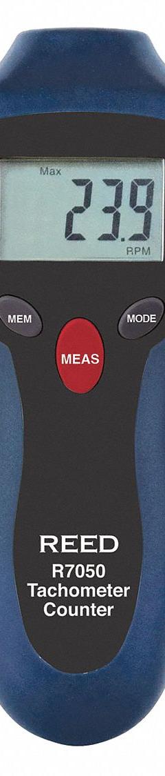 REED INSTRUMENTS Combination Tachometer: +/-0.05% RPM Accuracy, 0.1 RPM, 2 RPM Min Non-Contact RPM (MPN R7050). Key specifications — Includes: Carrying Case; Brand: REED INSTRUMENTS; Digital Display Screen Type: LCD; RPM Accuracy: +/-0.05%; RPM Resolution: 0.1 RPM; Calibration Certificate: Not Included.