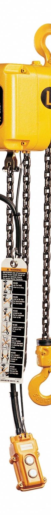 HARRINGTON Extended Lift Electric Chain Hoist: H4 - Heavy Duty, 115/230V AC, 50 ft Max Lifting Lg (MPN SNER005S-50). Key specifications — Brand: HARRINGTON; Operating Voltage: 115/230V AC; Headroom Clearance: 28 in - 30 in.