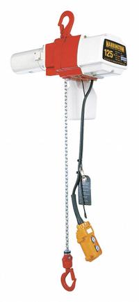 HARRINGTON Electric Chain Hoist: H2 - Light Duty, 120V AC, Hook Mounted - No Trolley, 2 Speeds (MPN ED125DS-10). Key specifications — Brand: HARRINGTON; Includes: Safety Latch Hook; Operating Voltage: 120V AC; Headroom Clearance: 28 in - 30 in.