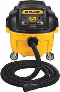 DEWALT Dust Extractor: HEPA, Dry/Wet, 8 gal Tank, 150 cfm Air Flow, 1 1/4 in Hose Dia (MPN DWV010). Key specifications — attr118028: Plastic; attr118016: Yes; attr117997: DEWALT.
