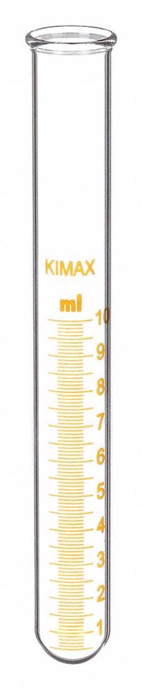KIMBLE Test Tube: 10 mL, Test Tube, 16 mm Body Dia, 125 mm Overall Ht, Colorless, Round (MPN 46350-10). Key specifications — Graduated: Yes; Includes Closure: No; Body Color: Colorless; Brand: KIMBLE; Bottom Shape: Round.