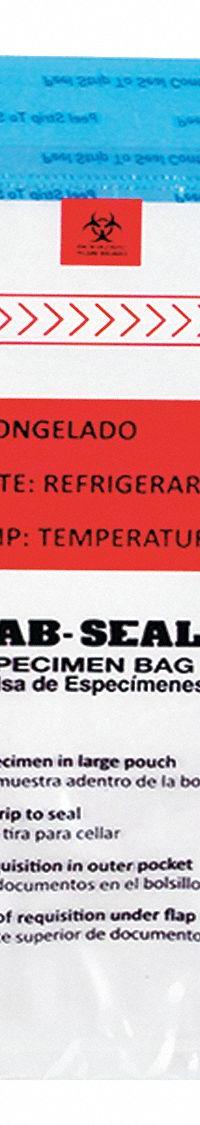 Specimen Transfer Bag: LDPE, Biohazard, 1.8 mil Thick, Clear, 18 in Overall Ht, Non-Sterile, 500 PK (MPN LABA1318B). Key specifications — Brand: LK PACKAGING; Closure Type: Adhesive; Product Type: Specimen Transfer Bag; Manufacturer Part Number: LABA1318B; Color: Clear; Display Sell UOM: PK; Legend: Biohazard.