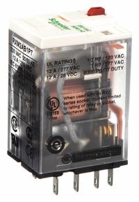 SCHNEIDER General Purpose Relay: Socket Mounted, 12 A Current Rating, 230V AC, DPDT, K Socket (MPN RXM2AB1P7). Key specifications — Brand: SCHNEIDER; Base Type: Square; Mounting Style: Plug-In; Pin Shape: Flat; Electrical Connection: Quick-Connect; Manufacturer Part Number: RXM2AB1P7; Series: Harmony™ RXM Series.