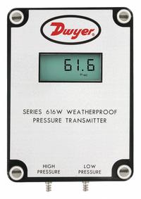 DWYER Indicating Differential Transmitter: Digital, 0 in wc to 10 in wc, Terminal Block, 616W, 4X (MPN 616W-3-LCD). Key specifications — Brand: DWYER; Display Type: Digital; Accuracy: ±0.25% of Full Scale; Manufacturer Part Number: 616W-3-LCD; Series: 616W; Housing Material: Plastic; IP Rating: IP66; Process Connection Gender: Male.