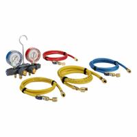YELLOW JACKET Manifold Gauge: 4 Valves, Series Titan, 3 1/8 in Gauge, For R-32/R-410A/R-454B (MPN 49975). Key specifications — Product Type: Manifold Gauge Set; For Refrigerant Type: R-410A; Brand: YELLOW JACKET; Gauge Boots: No; Sight Glass: Yes.