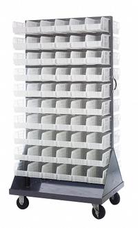QUANTUM STORAGE SYSTEMS Mobile Louvered Floor Rack: 36 in x 24 in x 72 in, 120 Bins Included, Clear (MPN QMD-36H-230CL). Key specifications — Bin Width: 5-1/2 in; Color: Gray; Caster Wheel/Configuration: (2) Swivel; Bin Color: Clear; Bin Depth: 10-7/8 in; Bin Height: 5 in; Includes: Pull Handle; Brand: QUANTUM STORAGE SYSTEMS.