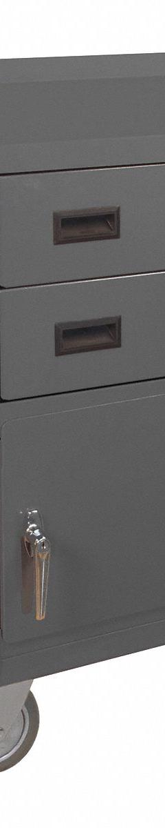 DURHAM MFG Mobile Cabinet Workbench: 24 in x 18 in, Steel, 1,200 lb Overall Load Capacity, Gray (MPN 2201-95). Key specifications  — Included Components: Handle on Side; Assembly: Fully Assembled; Brand: DURHAM MFG.