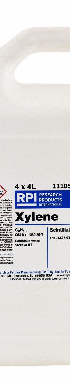 RPI Xylene: Scintillation, 4 L Volume, 1330-20-7, Liquid, Bottle (MPN 111056-CS). Key specifications — attr1082023: RPI; attr1096259: 1330-20-7; attr1096263: Lab; attr1096270: Bottle; attr1096278: Liquid.