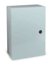WIEGMANN Enclosure: Steel, 20 in x 20 in x 8 in, NEMA 12/13/3R/4, Solid Cover, Hinged (MPN N412202008C). Key specifications — Closure Method: 1/4-Turn Latch; Brand: WIEGMANN; Knockouts: Not Included.