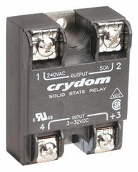 CRYDOM Solid State Relay: Surface Mounted, 50 A Max Output Current, SCR, AC Output (MPN D2450-10). Key specifications — Brand: CRYDOM; Current Type: AC; Electrical Connection: Screw Clamp; Finger Safe: No; Input Current: 12 mA; Maximum Output Current without Heat Sink: Not Recommended; Mounting Style: Panel; Output Voltage: 24 to 280V AC.