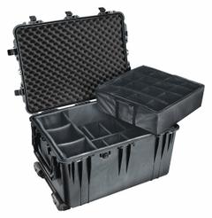 PELICAN Protective Case: 19 5/8 in x 28 1/4 in x 17 5/8 in Inside, Dividers, Black, 4 Wheels, IP67 (MPN 1664). Key specifications — Handle Style: Retractable; Brand: PELICAN; Case Closure Type: Double Throw.