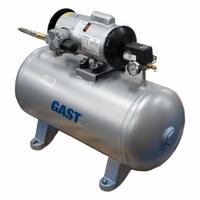 GAST Electric Air Compressor: 0.25 hp, 1 Stage, Hot Dog, 2 gal, 1.5 cfm, 50 psi, 120V AC, Oil-Less (MPN 2LAF-46T-M200EX). Key specifications — attr48430: GAST; attr48445: 60 Hz; attr48448: Check Valve; attr48450: 120V AC; attr48474: Single; attr48487: Horizontal.