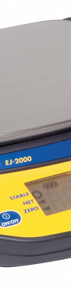A&D WEIGHING Compact Bench Scale: 2,100 g Capacity, 0.1 g Readability, 0.1 g Repeatability, ABS (MPN EJ-2000). Key specifications — Brand: A&D WEIGHING; Display Type: LCD.