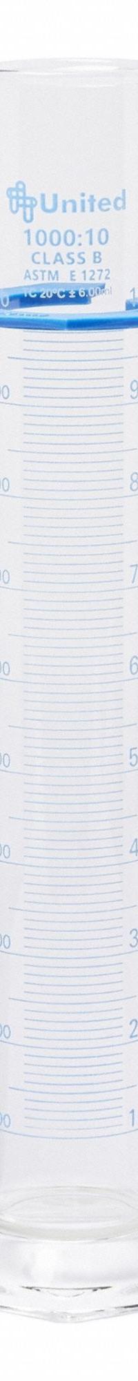 UNITED SCIENTIFIC SUPPLIES INC Graduated Cylinder: 1 L, A, To Contain (TC), Bumper Included (MPN UNCYLNGB-1000). Key specifications — ASTM Specification: E1272; Brand: UNITED SCIENTIFIC SUPPLIES INC; USP Specification: Type I; Closure Included: No; Includes: Bumper.