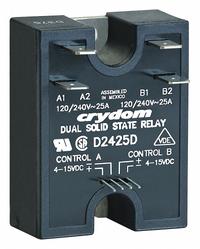 CRYDOM Dual Solid State Relay: Surface Mounted, 40 A Max Output Current, SCR, AC Output (MPN D2440D). Key specifications — Brand: CRYDOM; Current Type: AC; Electrical Connection: Screw Clamp; Finger Safe: No; Input Current: 12 mA; Maximum Output Current without Heat Sink: Not Recommended; Mounting Style: Panel; Output Voltage: 24 to 280V AC.
