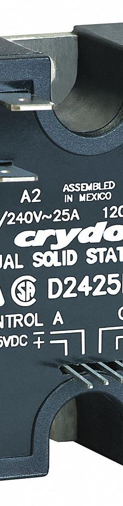 CRYDOM Dual Solid State Relay: Surface Mounted, 40 A Max Output Current, SCR, AC Output (MPN D2440D). Key specifications — Brand: CRYDOM; Current Type: AC; Electrical Connection: Screw Clamp; Finger Safe: No; Input Current: 12 mA; Maximum Output Current without Heat Sink: Not Recommended; Mounting Style: Panel; Output Voltage: 24 to 280V AC.