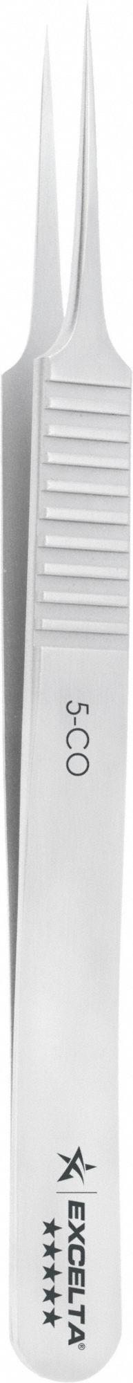 EXCELTA Tweezers: Cobalt, Point, Straight Tip, 0.0004 in Tip Thick (MPN 5-CO). Key specifications — attr1002355: Cobalt; attr1002345: EXCELTA; attr1002348: Cobalt; attr1002358: Serrated; attr1002361: 5-CO; attr1024781: Standard.