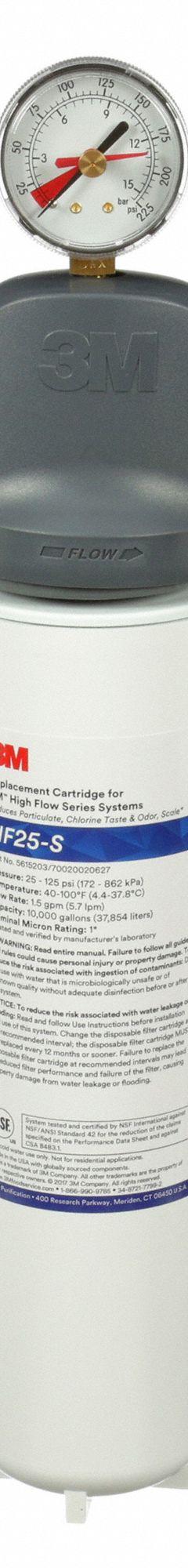 3M WATER FILTRATION PRODUCTS Water Filtration System: 1 micron, 1.5 gpm, 17 in Overall Ht (MPN 5616004). Key specifications — Product Type: High-Flow Filtration System; Filter Media: Activated Carbon; Brand: 3M WATER FILTRATION PRODUCTS; Reduces: Sediment.