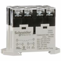 SCHNEIDER Enclosed Power Relay: DIN-Rail & Surface Mounted, 25 A Current Rating, 120V AC, DPST-NO (MPN 725BXXSC3ML-120A). Key specifications — attr211321: SCHNEIDER; attr864598: Square; attr864602: DIN Rail & Top Flange; attr864634: Screw Terminal; attr864642: 725BXXSC3ML-120A; attr869492: 25 A at 277V AC (Resistive Load); attr934629: Harmony™ 725 Power Series.