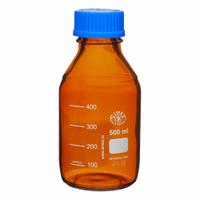 APPROVED VENDOR Media Bottle: 500 mL, Screw-On, GL-45, 182 mm, Amber, Drip-Free Ring, Attached (MPN BMA0500). Key specifications — Closure Type: Screw-On; Mouth Size: Narrow; Screw Closure Size: GL-45; Brand: APPROVED VENDOR; Body Color: Amber.