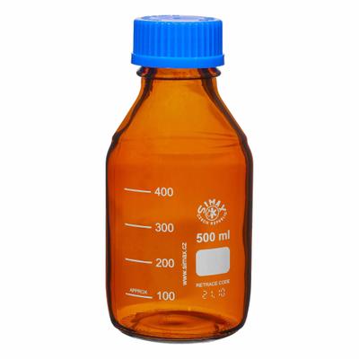 APPROVED VENDOR Media Bottle: 500 mL, Screw-On, GL-45, 182 mm, Amber, Drip-Free Ring - Glass Lab Media Bottles