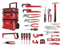 MILWAUKEE Plumbers Tool Kit: 22 Total Pcs, Rolling Modular Tool Box (MPN 48-22-0141). Key specifications — attr647963: None; attr549017: (4) Nut Drivers; attr549018: (3) Adjustable Wrenches; attr549019: (2) Hand Saws; attr549020: None; attr549021: None; attr539000: MILWAUKEE.