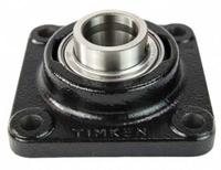 TIMKEN Flange Mount Bearing: Radial Ball, 1 7/16 in Bore, Cast Iron, Set Screws, 4 5/8 in Lg, Square (MPN YCJ 1-7/16 SGT). Key specifications — Bore Type: Cylindrical; Brand: TIMKEN; Lubricant Material: NLGI 2 Lithium Complex Grease; Mounting Bolt Size: 1/2 in; Split Housing: Not Split; System of Measurement: Inch.