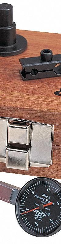 TESA BROWN & SHARPE Dial Test Indicator & Mini Mag Base: 0.0005 in to 0.03 in, Vertical, Inch (MPN 599-7755-1). Key specifications — attr1184109: 0-15-0; attr1184123: 599-7755; attr1184158: 0.0005 in; attr1200917: Dial Test Indicator & Mini Mag Base; attr1184127: 599-7755-1; attr1184167: TESA BROWN & SHARPE; attr1184108: +/- 0.0005 in; attr1184144: Certificate of Accuracy and Traceability.