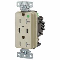 USB Receptacle: Duplex, 5-20R, 2 USB Ports, USB Type A/C, Ivory, 125V AC, 20 A (MPN USB8300CPDI). Key specifications — Brand: HUBBELL.