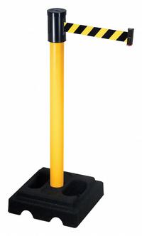 RETRACTA-BELT Barrier Post with Belt: Black/Yellow, Diagonal Stripe, No Legend, 15 ft Belt Lg (MPN 322PYW-BYD). Key specifications — Base Material: Rubber; Belt Color: Black/Yellow; Brand: RETRACTA-BELT; Post Material: Vinyl; Post Color: Yellow; Message: No Legend.