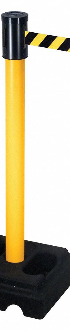 RETRACTA-BELT Barrier Post with Belt: Black/Yellow, Diagonal Stripe, No Legend, 15 ft Belt Lg (MPN 322PYW-BYD). Key specifications — Base Material: Rubber; Belt Color: Black/Yellow; Brand: RETRACTA-BELT; Post Material: Vinyl; Post Color: Yellow; Message: No Legend.